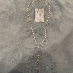 Vintage Mother of Pearl Catholic Rosary w/ Silver Jewelry Pouch