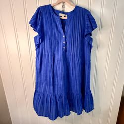 Loft Textured Stripe Flutter Button Swing Dress Large Blue