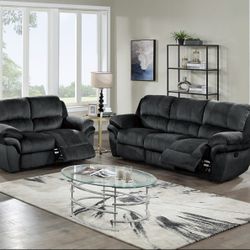 Brand New Black Padded Suede Manual Reclining Sofa + Loveseat 2PCs Set