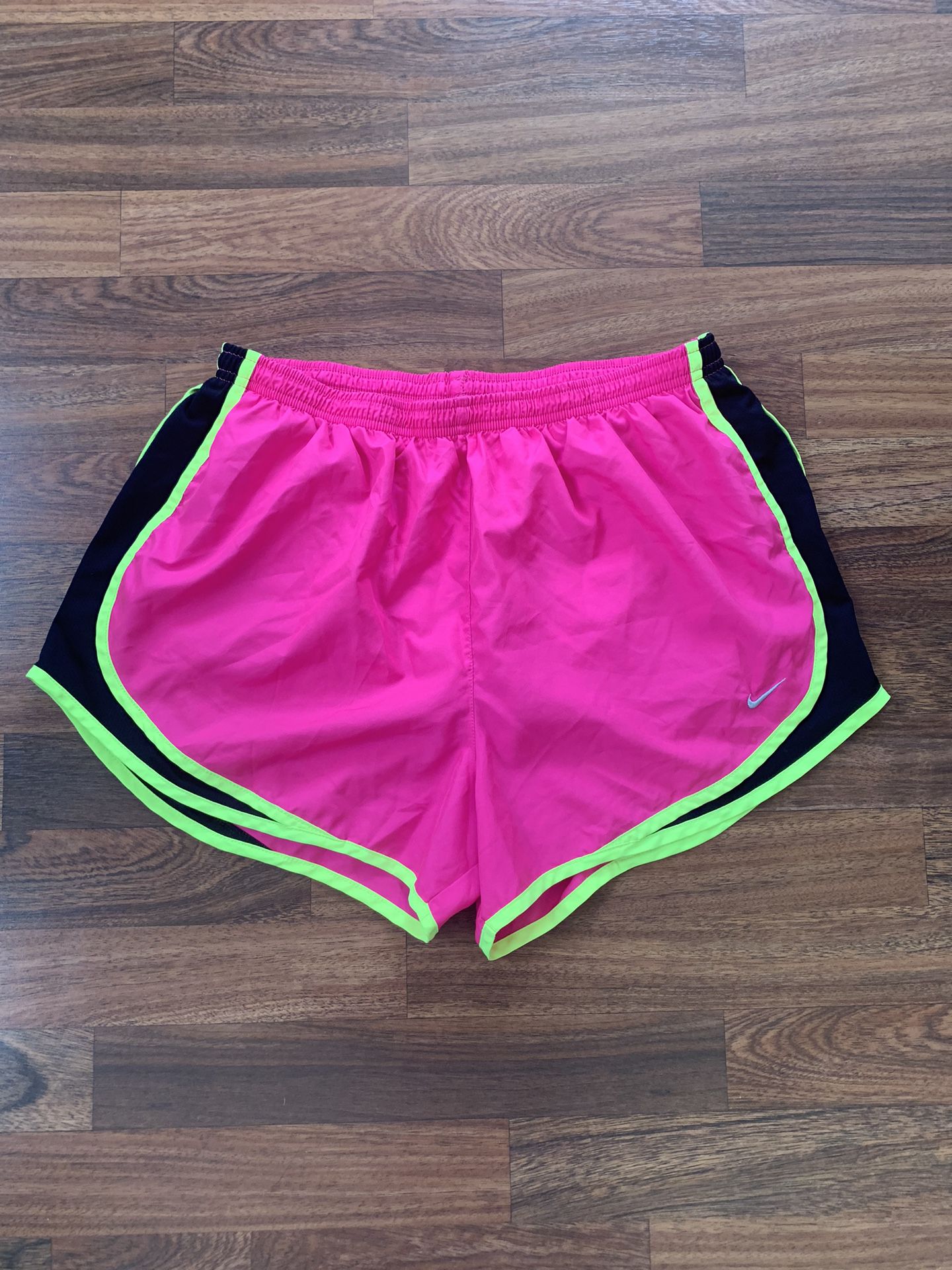Women's Nike Dri-FIT Pink Yellow Black Lined Shorts Swoosh Size Large 
