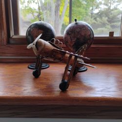 2 World Globes & Airplane Set Brown