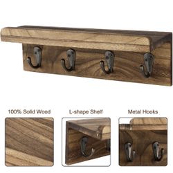 Rustic Key Holder for Wall, Farmhouse Wall Shelf with 4 Hooks, Wall Mounted Key Racks, Wooden Mail Organizer with Hooks