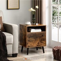 Rustic Brown Nightstand With Open Shelf & Cabinet