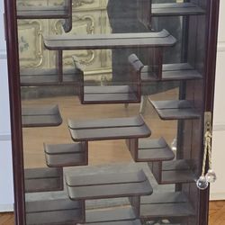 Antique China cabinet Curio Locking Glass door Wall mount 18 shelves Mirror Back
