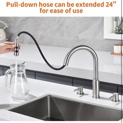 RULIA Brand, Double Handle Kitchen Faucet, 3 Holes Sink Faucet, Pull Down, Brushed Nickel, Stainless Steel, RB1063