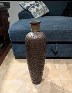 22 3/4" x 6" Ceramic Rustic Brown Floor Vase w  teardrop pattern & coiled accent at top