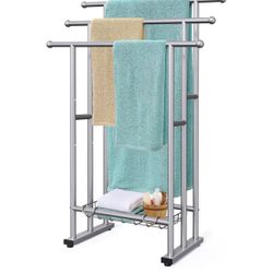 40" Tall Freestanding Towel Racks for Bathroom, 3 Tier Floor Towel Rack with Storage Basket, Blanket Ladder Drying and Display Rack for Large Bath & H