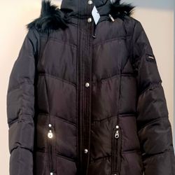 New Calvin Klein Down Full Length Jacket With Fur Hood Women's Small 