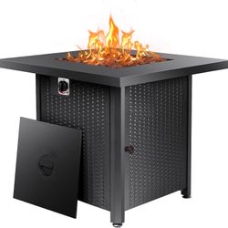 BTExpert 28" Propane Fire Pit Table - 50,000 BTU Outdoor Fire Pit w/ Lid & Lava Rocks, Black Steel Patio Table