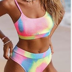 Medium Candy Rainbow CUPSHE Women's Bikini Set Two Piece Swimsuits High Waisted Scoop Neck Spaghetti Adjustable Straps Textured
