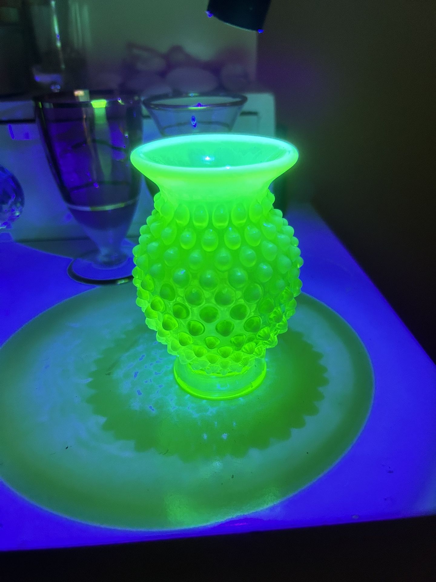 Vintage Uranium Fenton Opalescent Hobnail Mini Vase