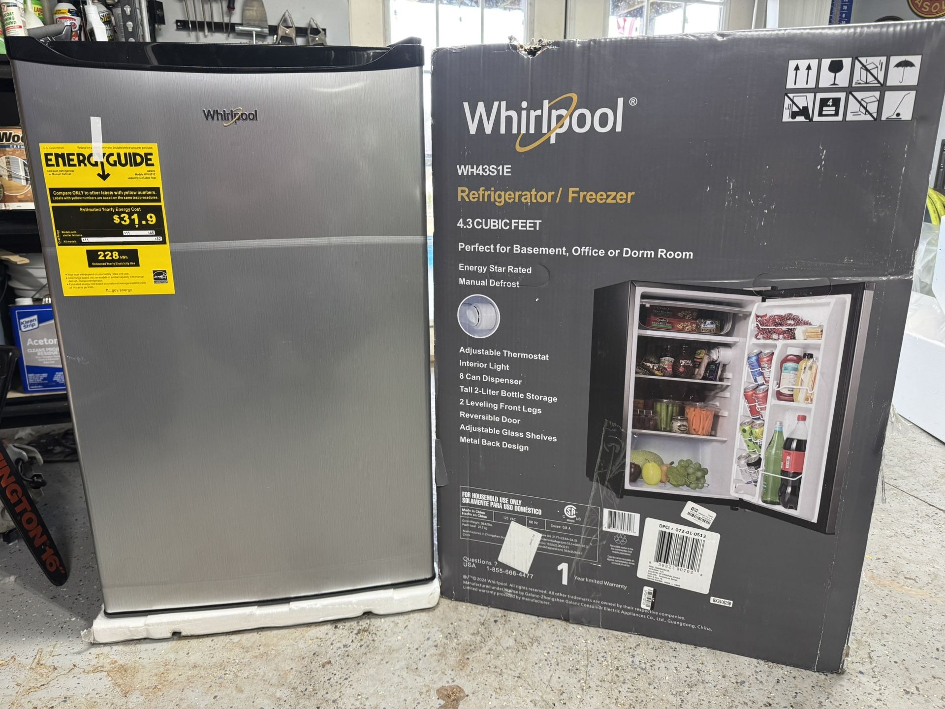 New In Box Whirlpool Refrigerator/Freezer 4.3cu ft. Tested. Must Pickup