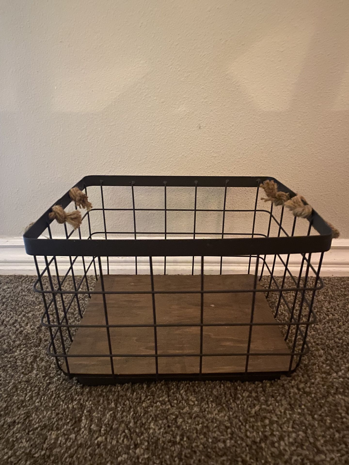 Wire & Wood Storage Bin w/Twine Handles