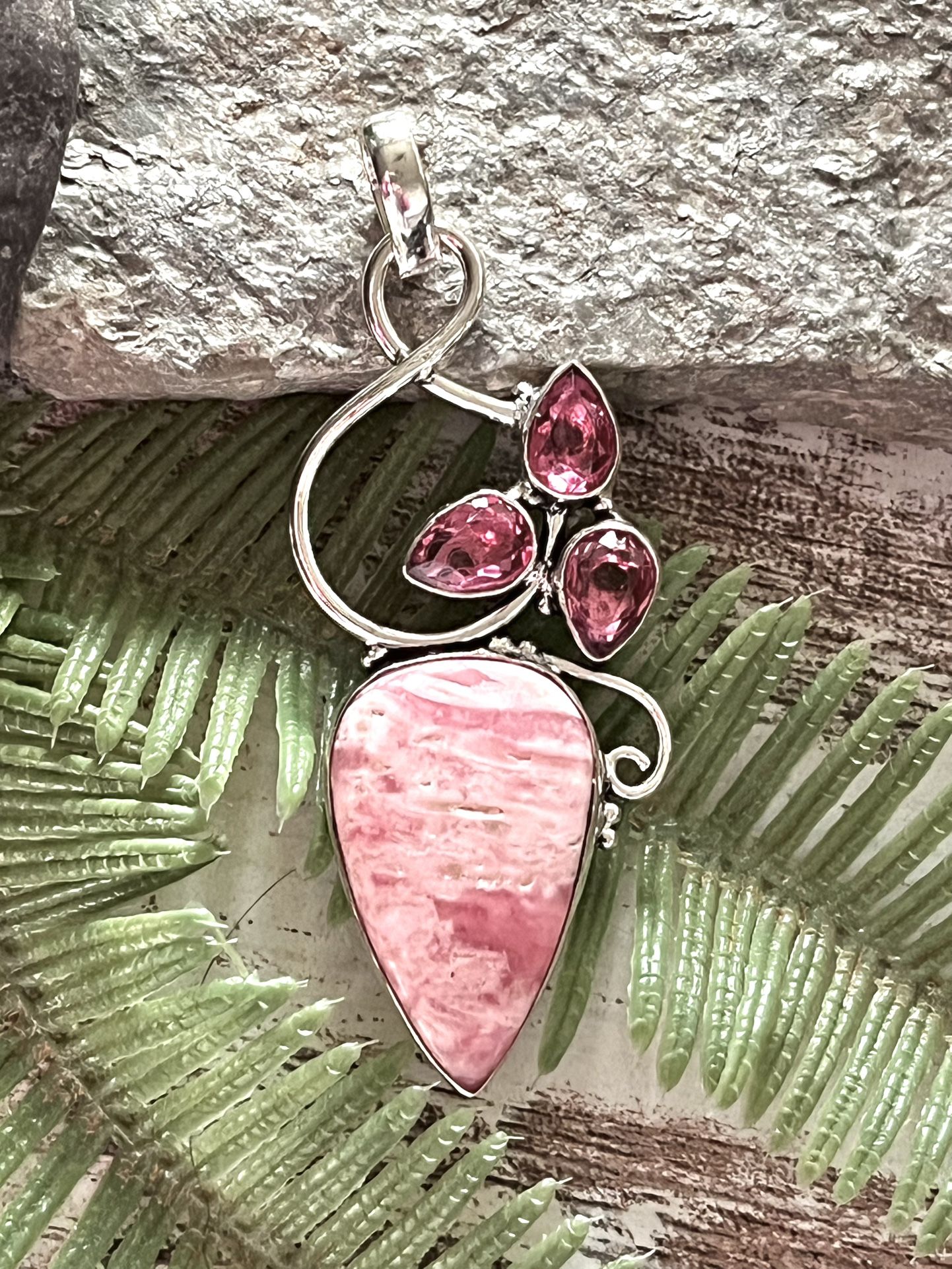 Rhodochrosite & Pink Topaz Gemstone 2.8” Silver Pendant