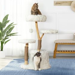 42-in Modern Cat Tree Tower for Large Cats, Natural Branch Cat Condo with 3 Platforms, Scratching Posts, Cat Cave Bed, White
