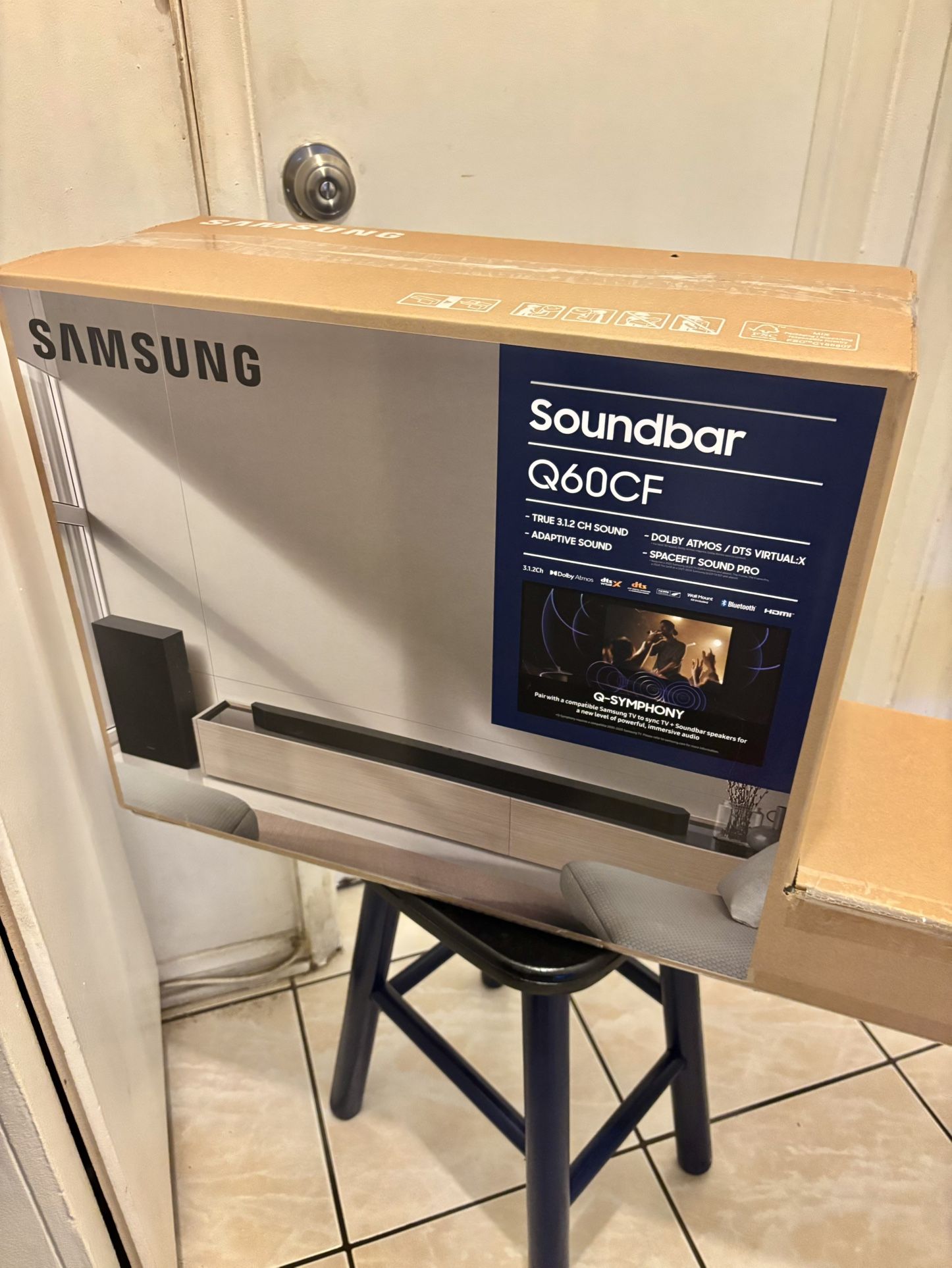 SAMSUNG (HW-Q60CF) – True 3.1.2ch Dolby Atmos Soundbar | SpaceFit Sound Pro | DTS Virtual:X | Adaptive Sound | Bluetooth & Wall-Mountable