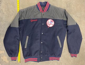 Vintage New York Yankees Wool Bomber Jacket Custom Embroidered Giovani Navy Blue Grey Yoke Black Diamond Quilted Lining Snap Front Heavyweight Varsity