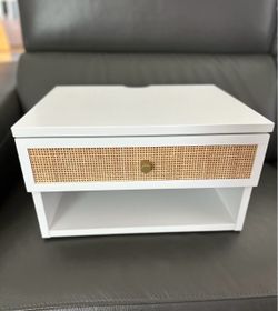 White Nightstand with Rattan Drawer