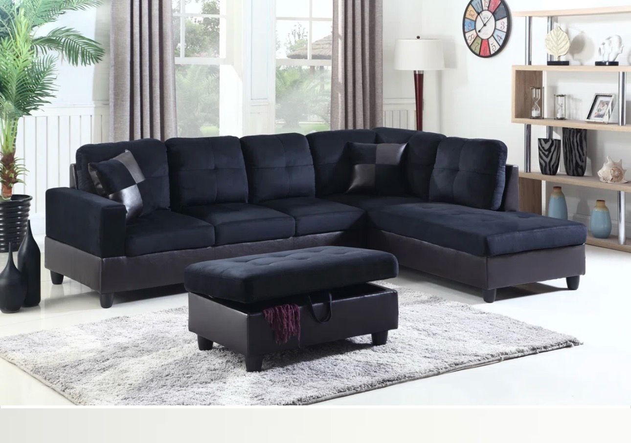 Black microfiber sectional couch and ottoman