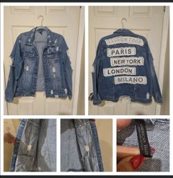 💥Sale! Like new!Unisex Denim AMERICAN BAZI ,Medium,Jacket distressed tour, with City Patches ( reseda ca)