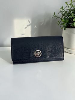 Michael Kors Fulton Large Flap Continental Wallet Navy Pebbled Leather MK Logo