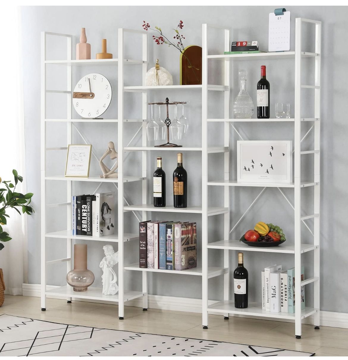 Triple White 5 Tier Industrial Bookshelf, 14 Open Storage
