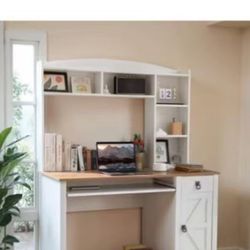 Office Desk with Drawers & Shelves, Computer Desk with Storage Cabinet, Writing Desk for Home Office, Living Room, White