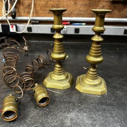 Pair 19th Century Victorian Solid Brass Candlestick Holders Optional Electric