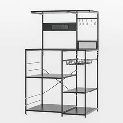 Kitchen Baking Rack with Power Outlet, 35.4 Inch 4-Tier Coffee Bar, Standing Microwave Table with 5 S-Hooks, Kitchen Rack with Wire Basket, Storage Ra