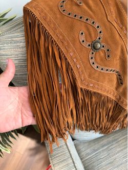 Vintage Cripple Creek Suede Fringe Vest Western Boho Cowgirl Leather Tan