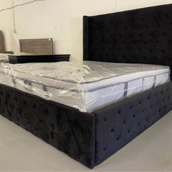Black Upholstered King And Queen Size Bed frame, Mattress 