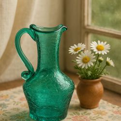 Vintage 1960s Crackle Glass Green Mini Pitcher Hand-Blown Applied Handle, 2.5x5.5”