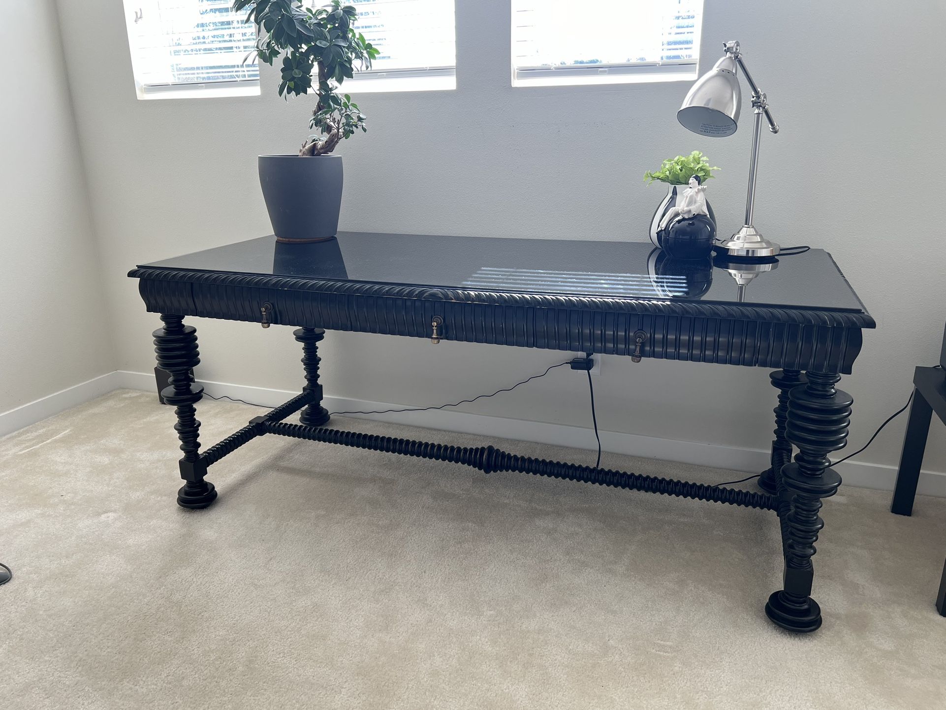 Black Portuguese Hand Rubbed Desk Original Price $3800+custom Glass Top