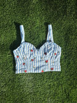 Maeve Anthropologie Blue White Stripe Strawberry Embroidered Cami Tank Top