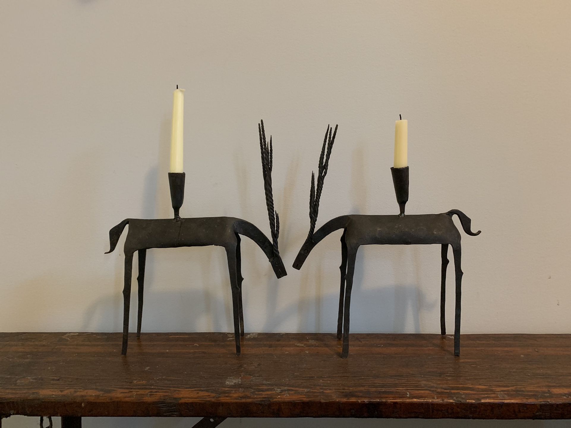 Vintage Primitive Cast Iron Reindeer Candle Holders