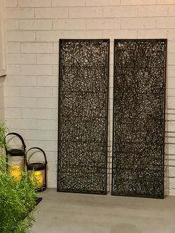 Two Black Rattan Woven Wall Art Panels with Metal Frames from Pier 1. Perfect Indoors or Outdoors, Excellent Condition! $25 EACH  (RETAIL $115 EACH)