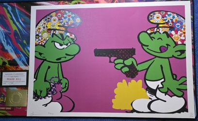 This is another banksy original. The smurfs with the glock come on.