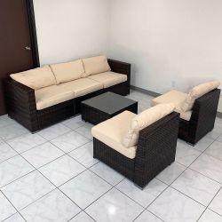 New in Box $395 Patio Furniture (6pcs) Set Outdoor Sectional Set Wicker Rattan Sofa Chair Set w/ Cushion, Glass Table