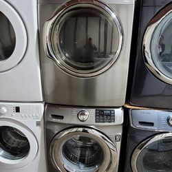 Samsung Front Load Washer And Stackable Gas Dryer Set In Platnum Stainless Steel 