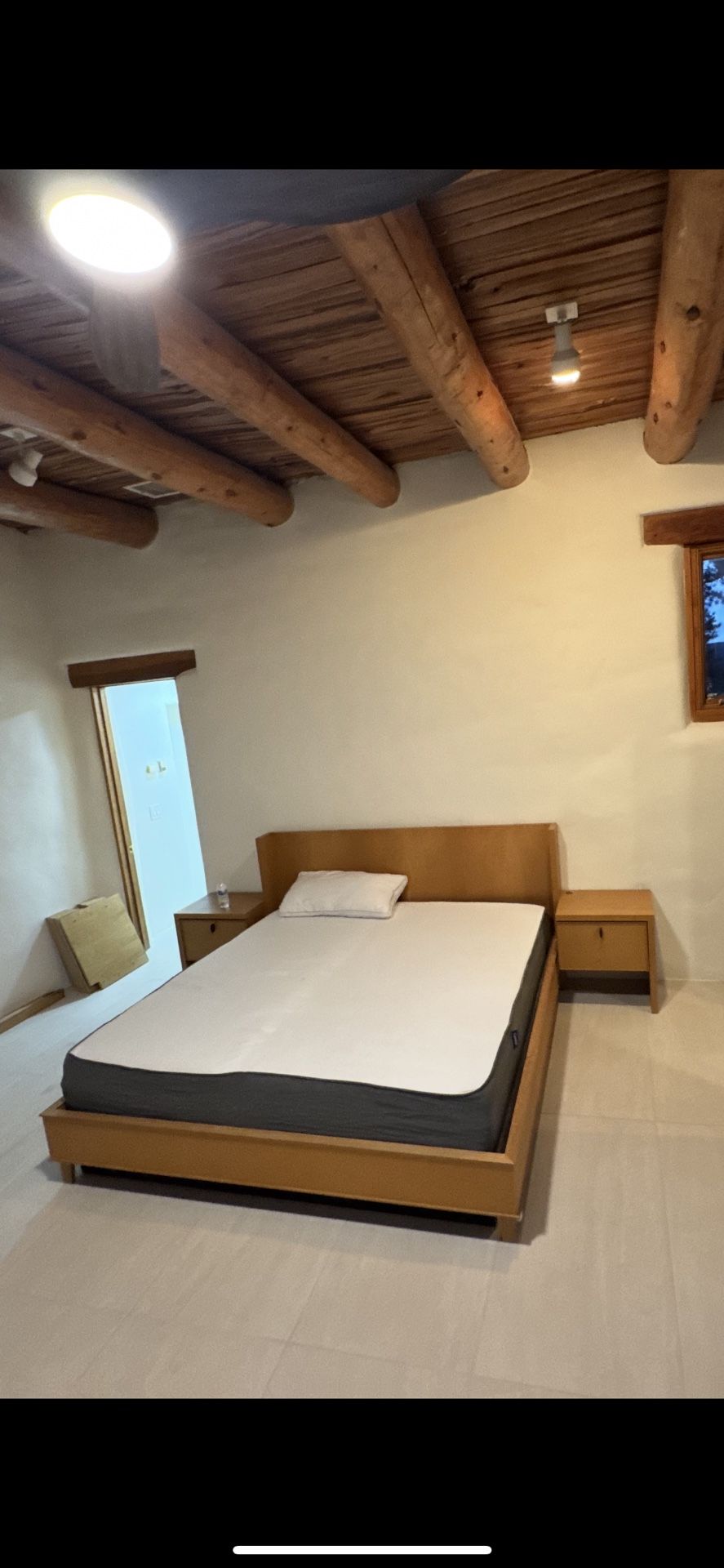 King Size Bed frame With Attached Nightstands Modern Wooden Bed