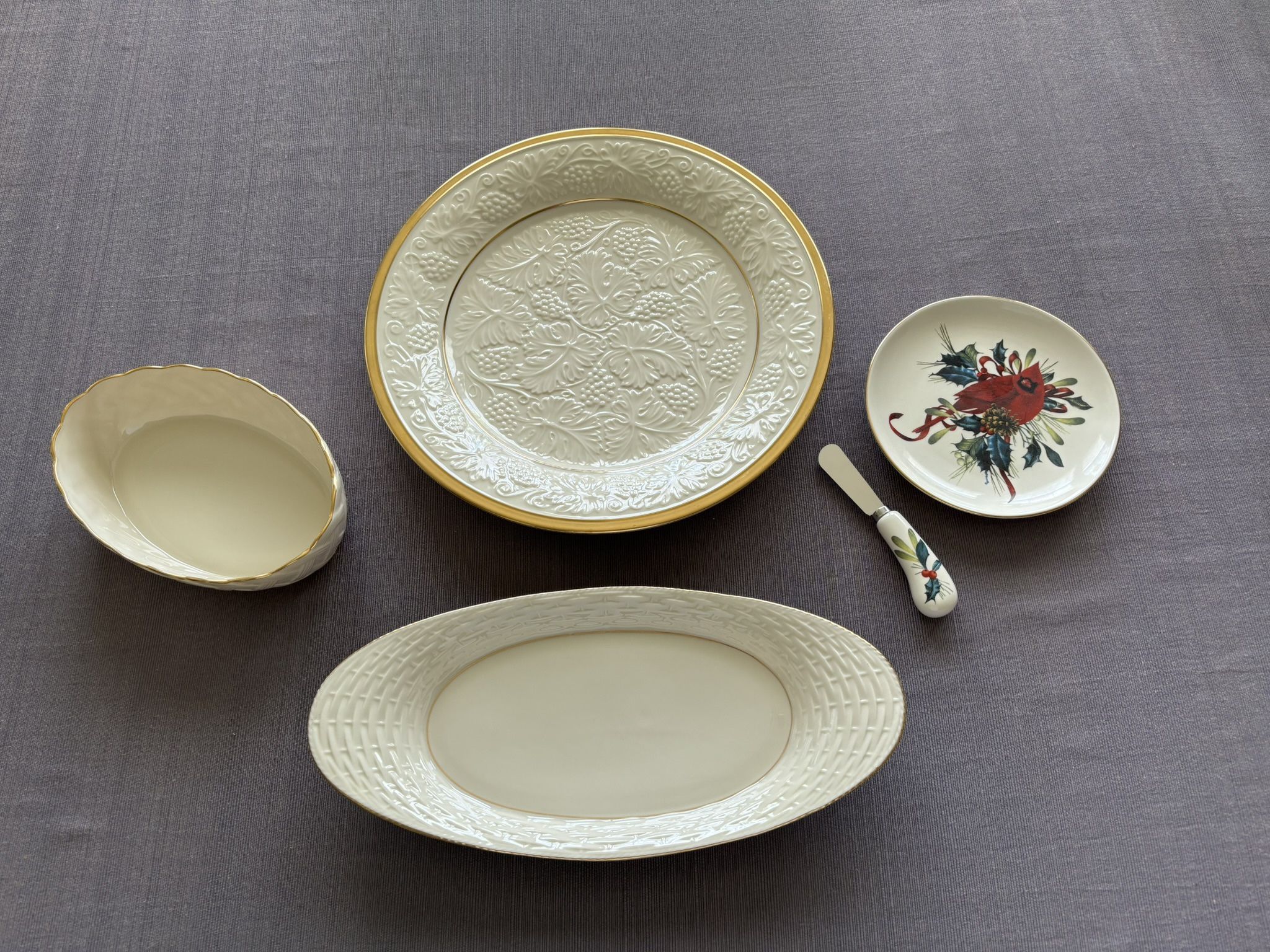 Vintage Lenox Fine China, lot of 5 items. new condition. Wine Plantation Serving Platter 13” with 24K gold trim, China Bread Tray 14” X 7” with 24K