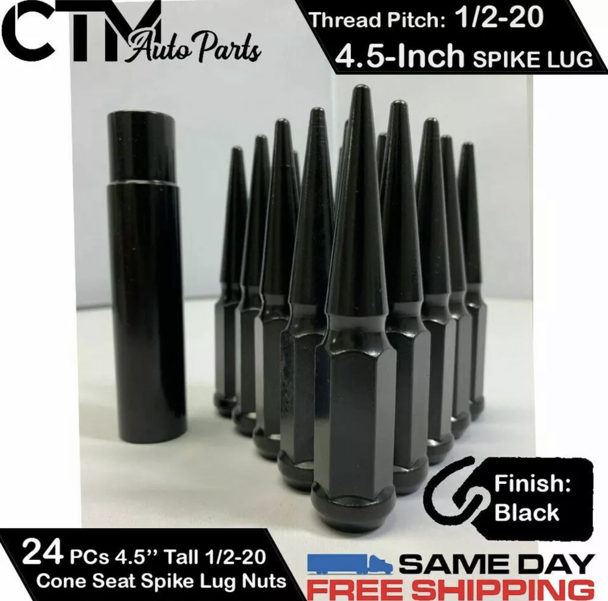20 PC 4.5'' BLACK 1/2-20 SPIKE WHEEL LUG NUT + KEY FIT DODGE RAM CHEVY GMC JEEP