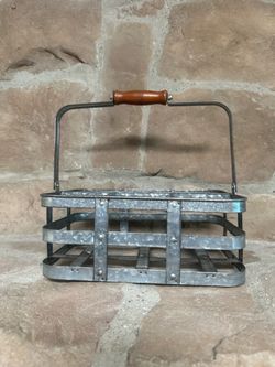 Galvanized Metal Bottle Carrier W/ Wood Handle