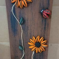 Bottle Cap Floral Art, Orange Flowers & Ladybugs