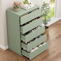 5 Drawer Dresser Tall Dresser with Large Storage Space, Modern Chest of Drawers, 23.6L x 17.6W x 39.1H Inch Storage Organizer Cabinet for Home, Green