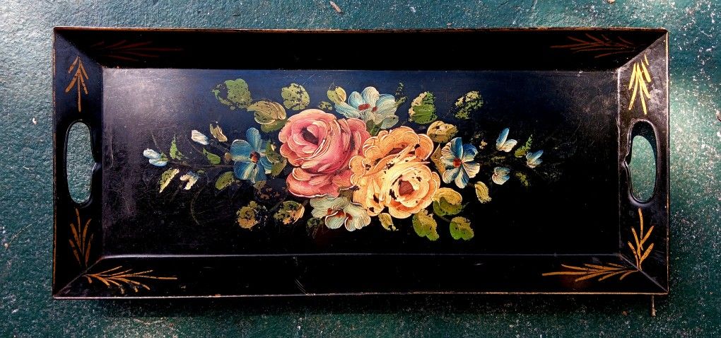 Vintage Metal Tray With Handpainted Flower Art