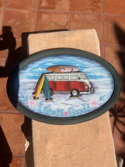 Large Vintage 3D VW Surf Bus Wood Sign - Life is Good