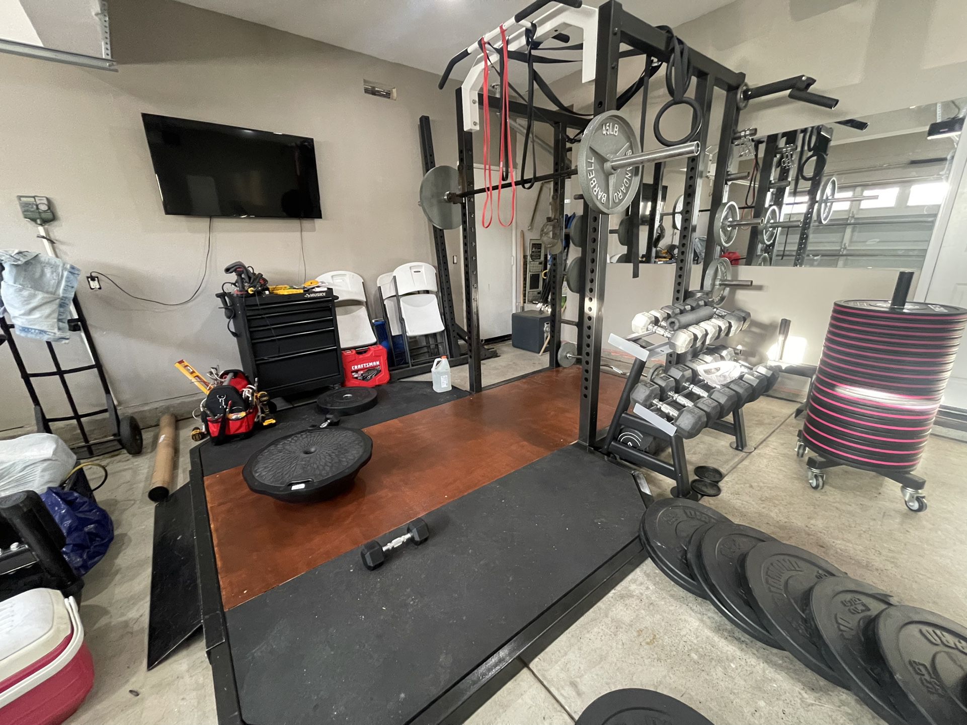 Commercial Olympic Cage With Weights,Dumbbells, Barbell, and Clips 