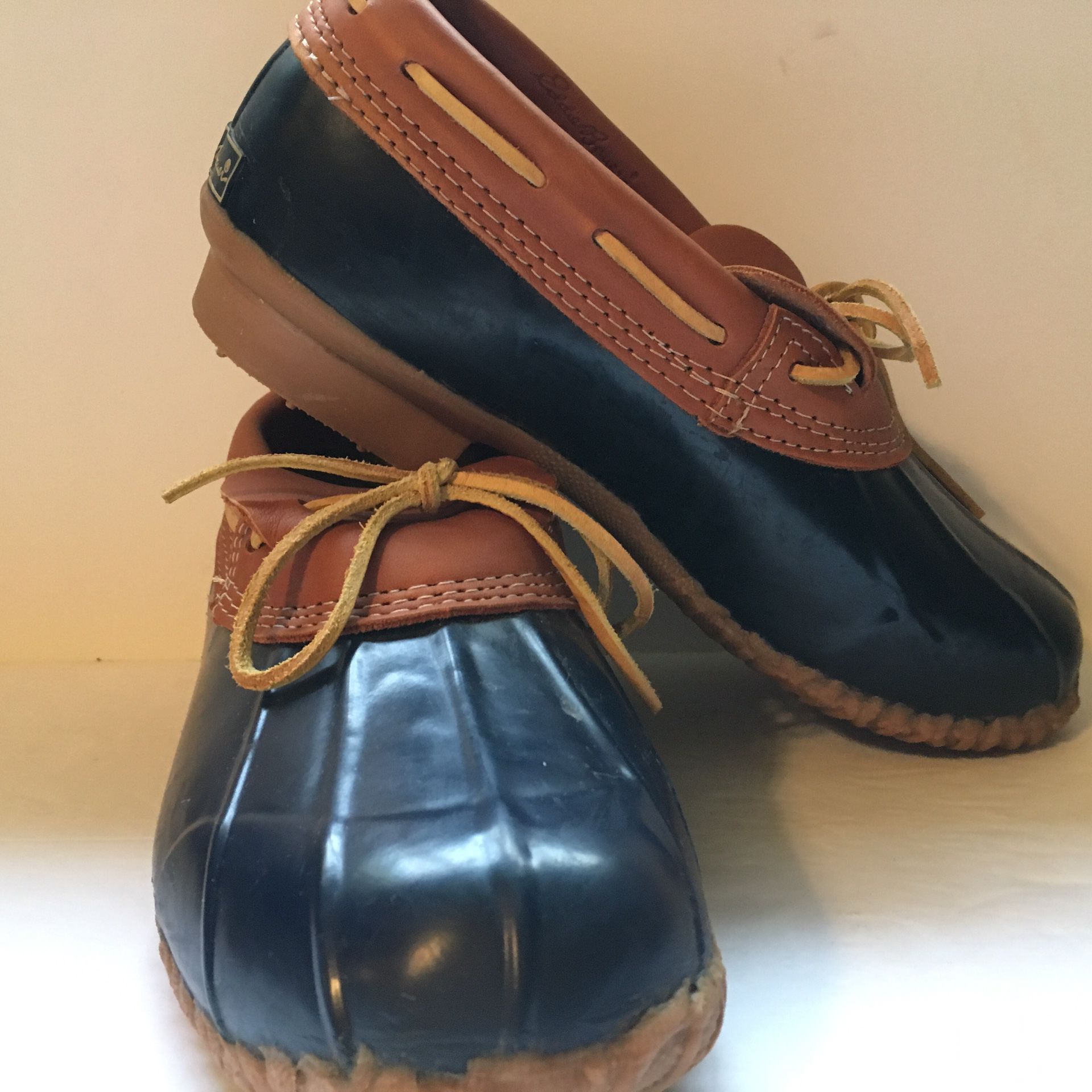 EDDIE BAUER Blue & Tan Rubber/Leather Duck Rain Boots Shoes Waterproof Women's 9M
