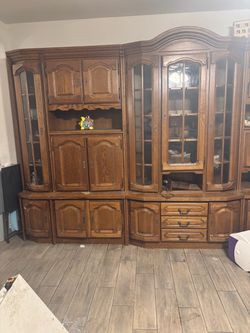 Large Oak Wood China Cabinet Wall Unit